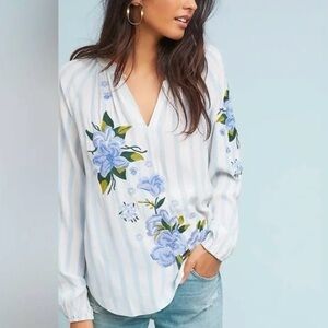 Anthropologie AKEMI + KIN Manuela
Blue Striped Floral Embroidered Blouse